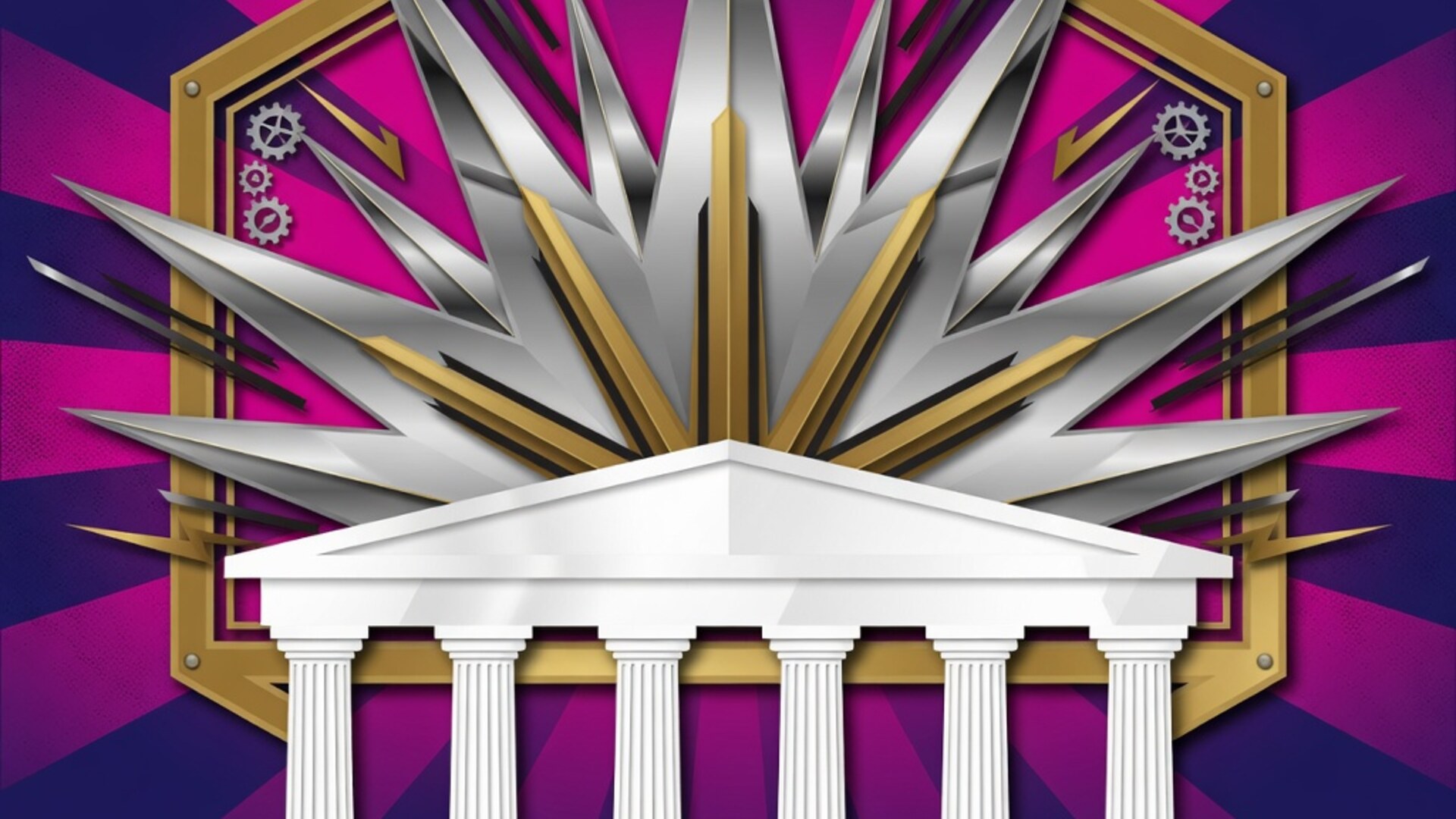 Abstract emblem of a white six-column colonnade before a gold hexagonal frame with sunburst rays — the Common Coverage Party mark.
