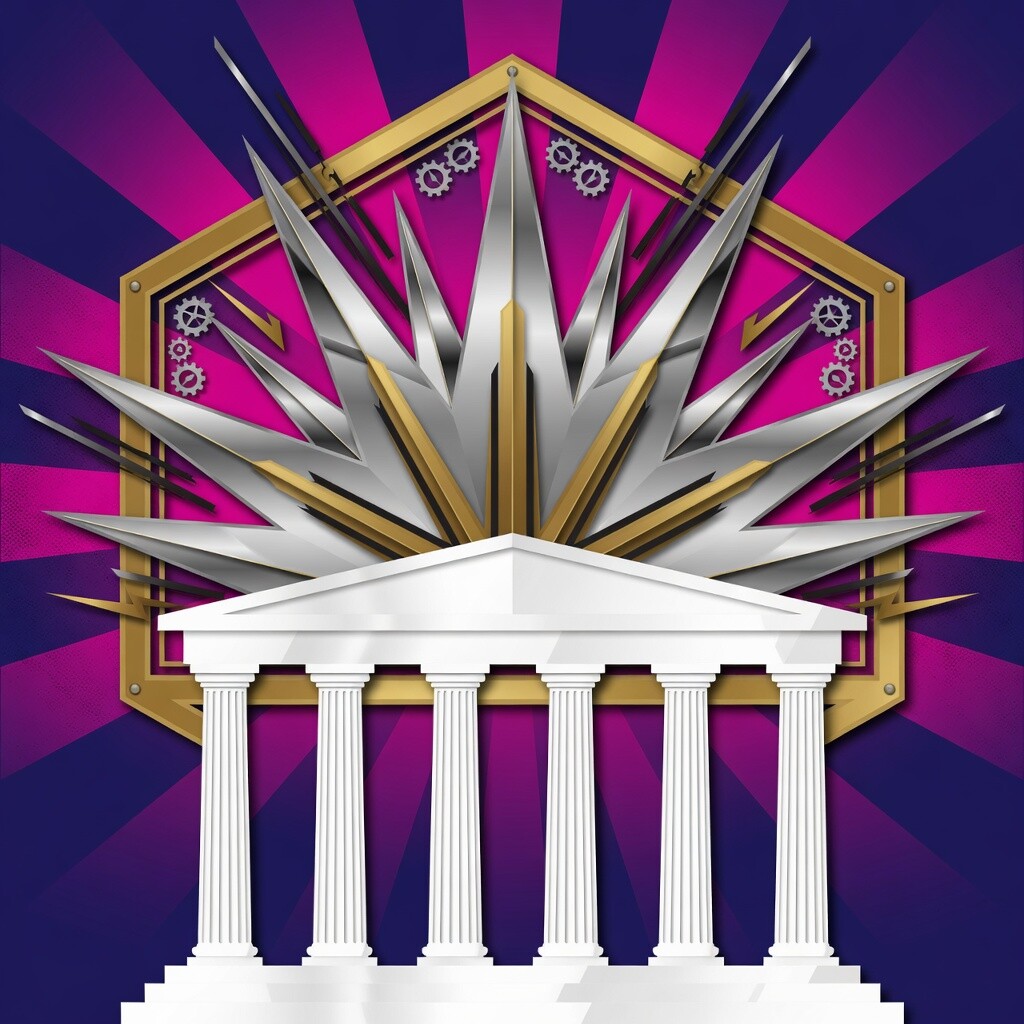 Square party seal: a white colonnade under a gold hex with a sunburst on deep navy. Abstract geometry only.